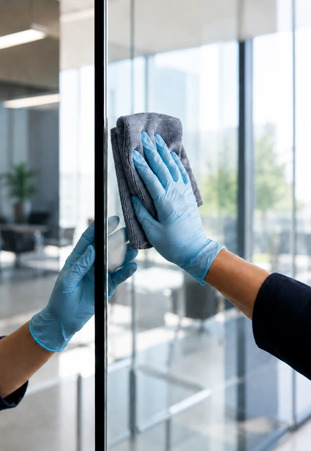 Reinigungskraft wischt eine Glaswand im Büro