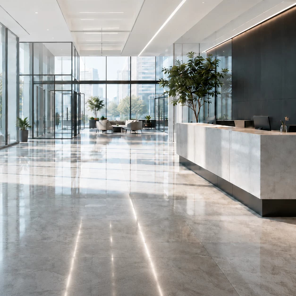 Helle, gepflegte Büro-Lobby mit glänzendem Boden