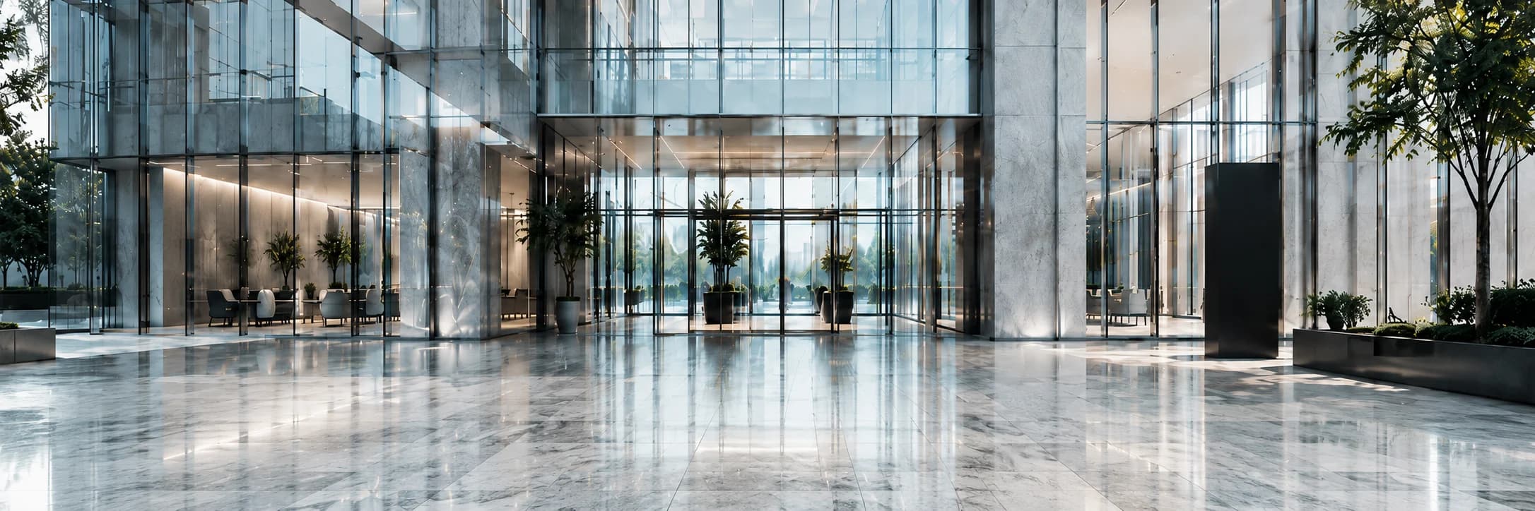 Modernes Bürogebäude aus Glas mit gepflegten Bodenflächen